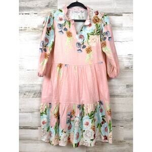 Cristina Vergani Womens M Pink Floral Linen Blend Mdii Dress 3 4 Sleeve Pockets